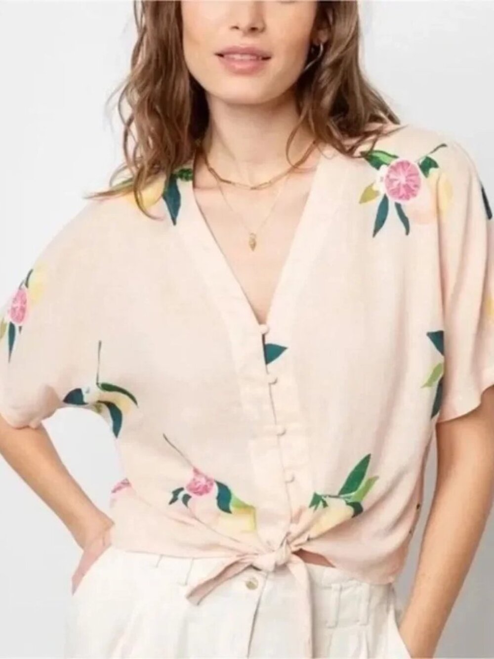 Rails Thea Pink Grapefruit Linen Tie Front Cropped Button Down V-Neck Top. M.